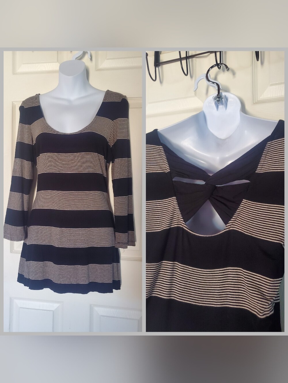 Y2K Maxi Edition Black Tan Striped Tunic Twist Back Preppy Grunge Festival Lrg